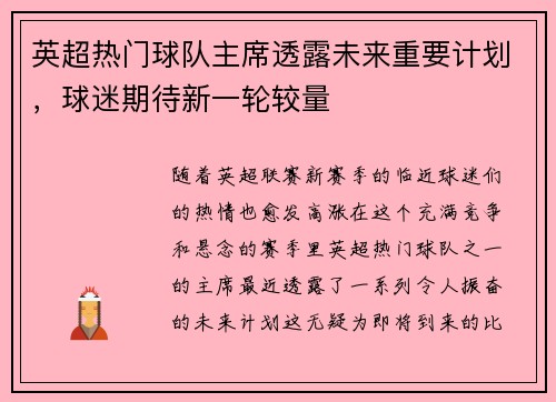 英超热门球队主席透露未来重要计划，球迷期待新一轮较量